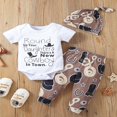 thumbnail image 2 of OUSITAID Baby Tops Pants Suit  Short Sleeve  Neck Letters Print Romper Shirt Jogger Trousers+ Hat Summer Sets, 2 of 6