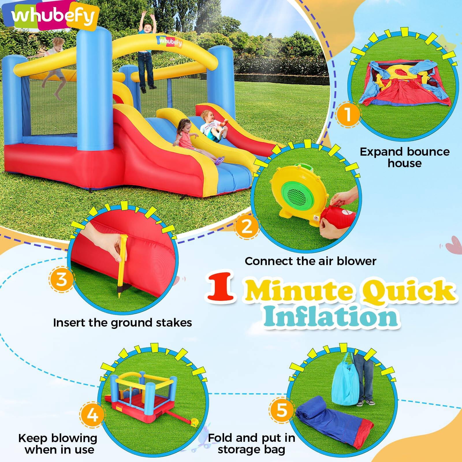 Adnoom Bounce House with Double Slides, Large Bounce House and Obstacle Course, Kid Bounce Castle with 370W Blower, Inflatable Bounce House for 3~4 Kids, Indoor & Outdoor