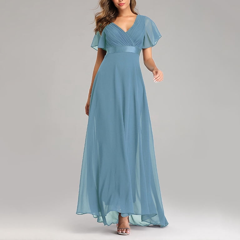 Summer Dress Saving! Women's Casual Plus Size V-Neck Dress Chiffon Elastic  Banquet Bridesmaid Evening Dress Light Blue L - Walmart.com