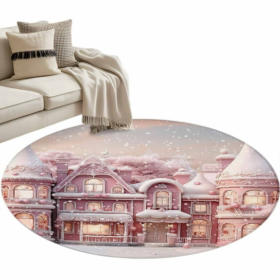 Pink Christmas Round Area Rug 4 FT, Non Slip Indoor Outdoor Rug, Xmas House Pink Winter Snowflake Washable Soft Circular Carpet Non-Shedding Floor Mat for Coffee Table Nursery Foyer Balcony