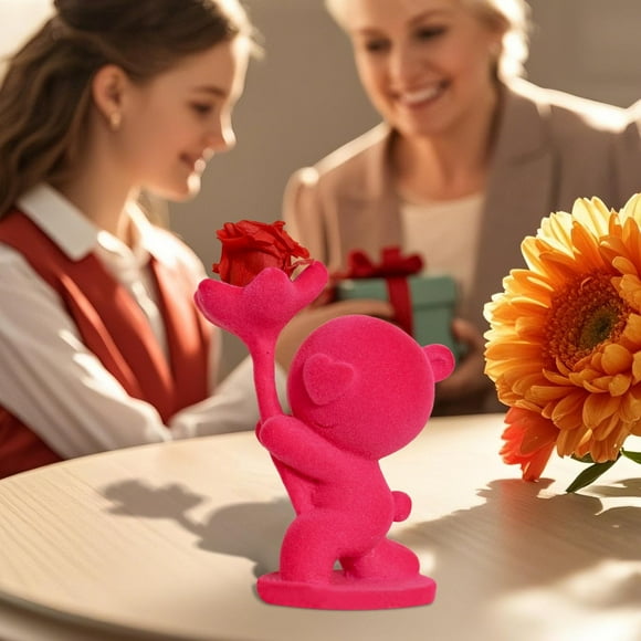 TIMIFIS Holding Rose Bear, Home Decor Eternal Flower Mother's Day Gift Velvet Small Bouquet Bear Figurine Decor for Glass Dome