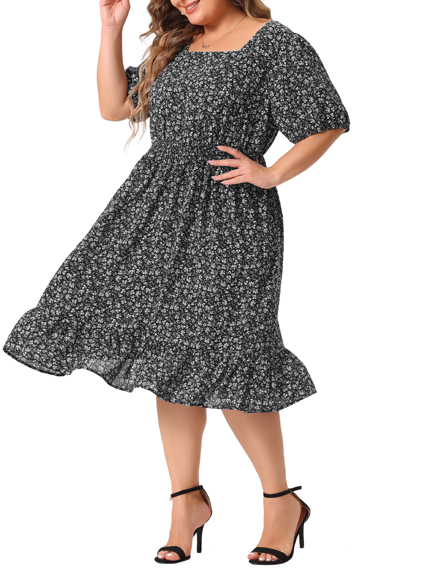 DARING DIVA Plus Size Midi Ruffle Hem Smocked Waist Floral Dress 3X Black White