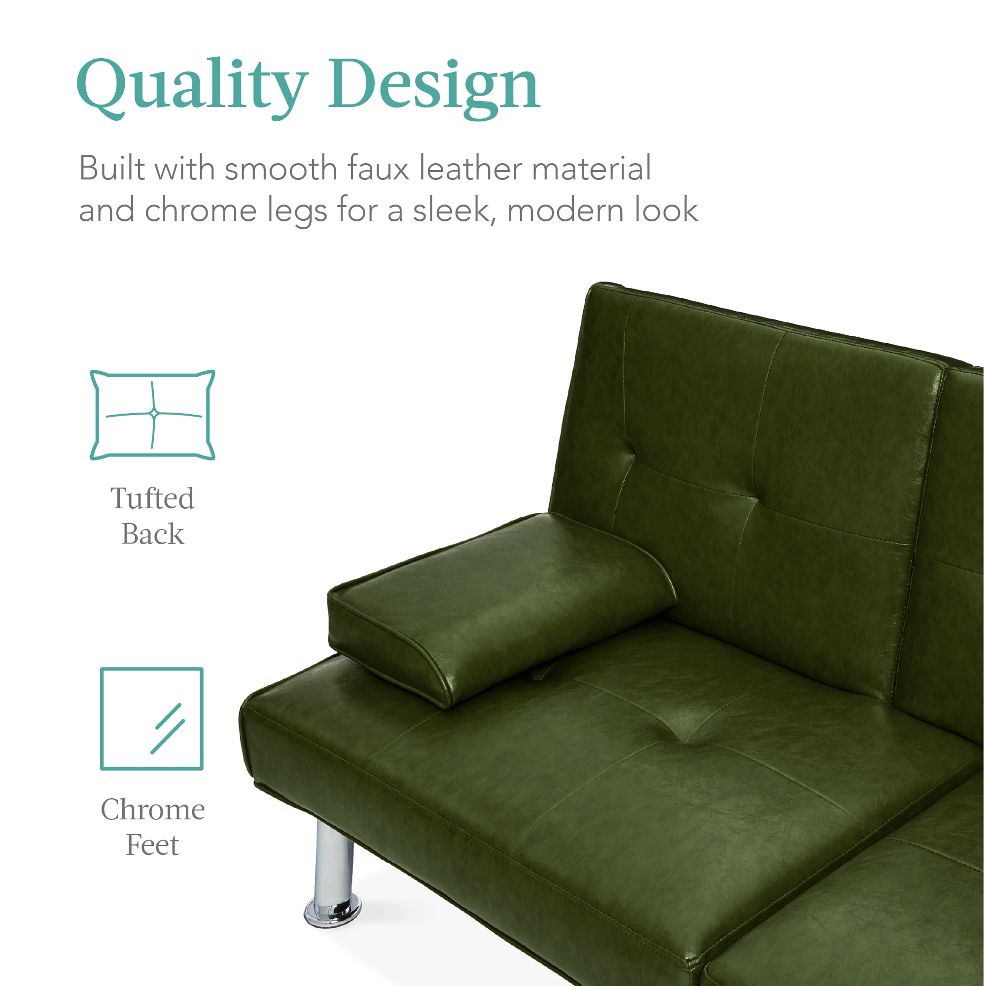 Best Choice Products Modern Faux Leather Convertible Futon Sofa w/ Removable Armrests, 2 Cupholders - Dark Green