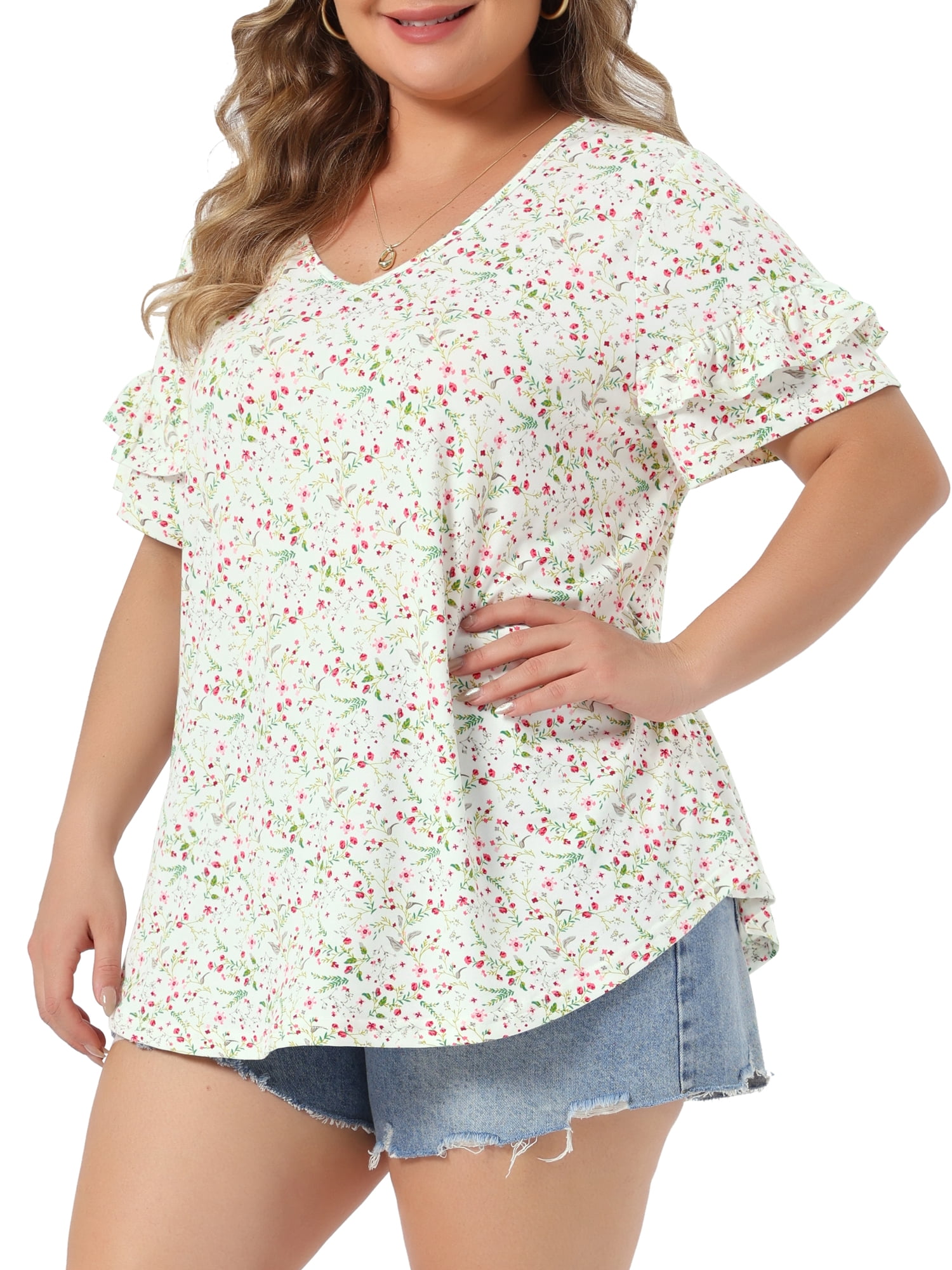 DARING DIVA Women's Plus Soft Tops V Neck Ruffle Sleeve Floral Casual Blouses 3X White