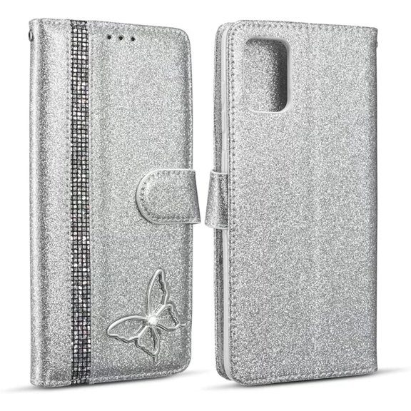 Compatible with iPhone 14 Pro Max Diamond Wallet Case Kickstand Card Full Protection Bling Sparkling Sequin Butterfly Fashion Luxury Shockproof Cover for Women Girls