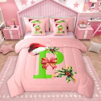 Homewish Kawaii Initial P Letter Bedding Comforter Set 7pcs, Christmas Hat Flower Queen Bedding Sets, Girly Pink Cartoon Reversible Queen Sheet Sets, Breathable Home Decor