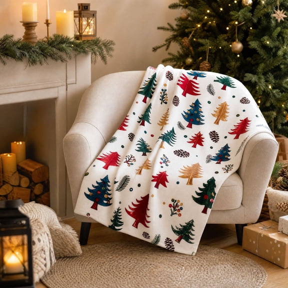 Cififendec Christmas Multi Color Tree Print Fleece Throw Blanket, 39.37"Ă—27.56", Soft Plush Blanket with Xmas Tree Patterns for Bed Sofa Holiday Lounging