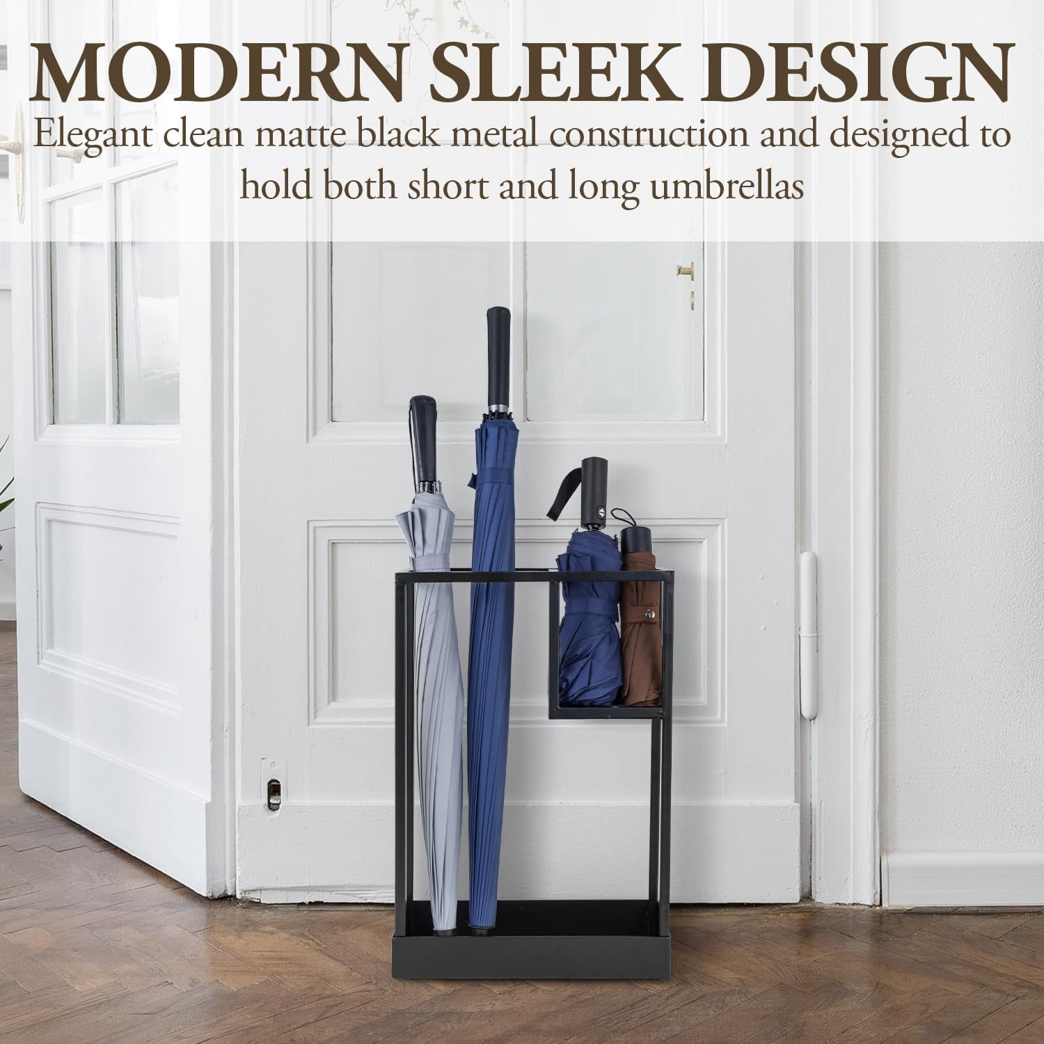 Modern Black Metal Entryway Umbrella Rack With Geometric Design  13 X 5-inch Wide Rectangular Freestanding Cane Holder Shelf For Small And Bottom Drip Catch Tray