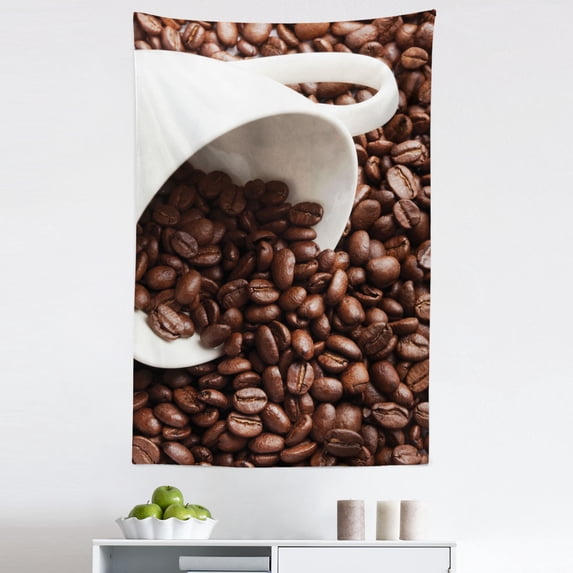 Coffee Tapestry, Close Up Real Image of Beans Pouring from a Cup Aromatic Roasted, Fabric Wall Hanging Decor for Bedroom Living Room Dorm, 5 Sizes, White Brown and Cinnamon, by Ambesonne