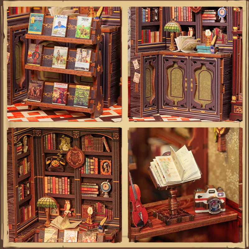 CUTEBEE DIY Book Nook Kit – Owl Bookstore Miniature Dollhouse Insert with LED Light, 3D Wooden Puzzle Craft Kit for Adults & Teens