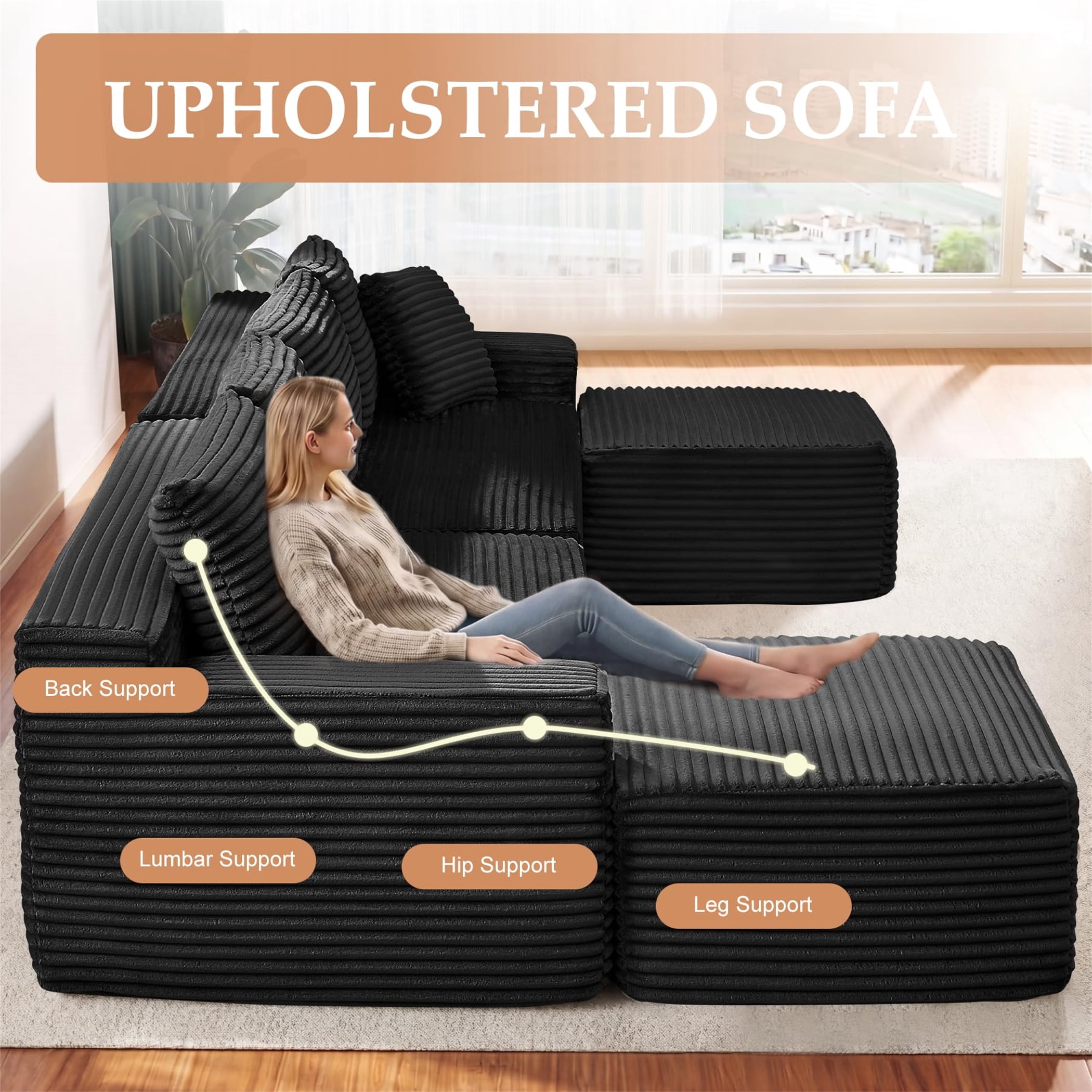 Aukfa 115" Cloud Sectional Sofa U Shape Modular Boneless Couch for Living Room, 2 Ottoman&Pillows, Corduroy, Black