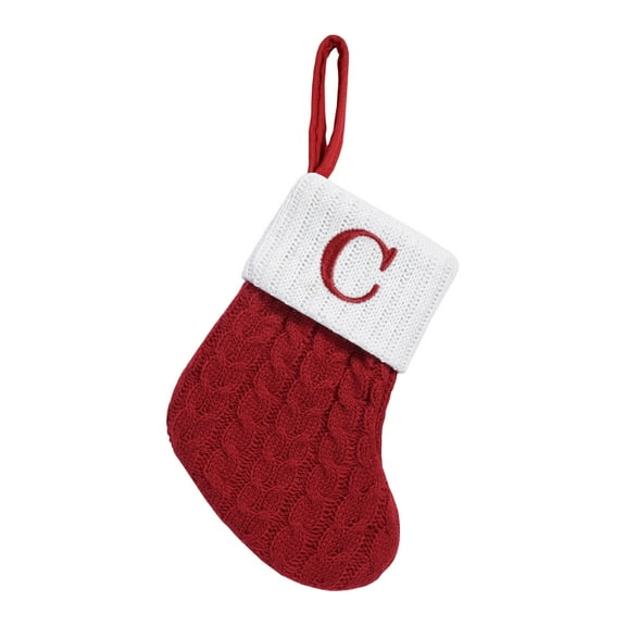 Red Christmas Stockings with Initial, 7 Inches Embroidered Monogram Plush Knitted Stockings, Small Personalized red and White Christmas Stocking for Christmas Decoration Ornaments (C)
