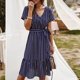 thumbnail image 1 of Vestido de mujer con volantes y cinturón con estampado de rayas con cuello en V Vestido de mang Abanopi Vestido de mujer, 1 of 7