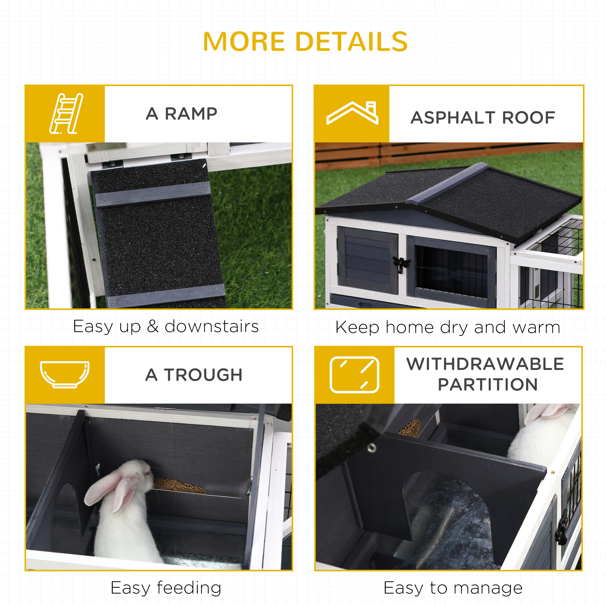 Pawhut Solid Wood Rabbit Hutch with 2 House Levels and Patio Space, Strong Black Metal Cage Wire, and Easy Clean Tray