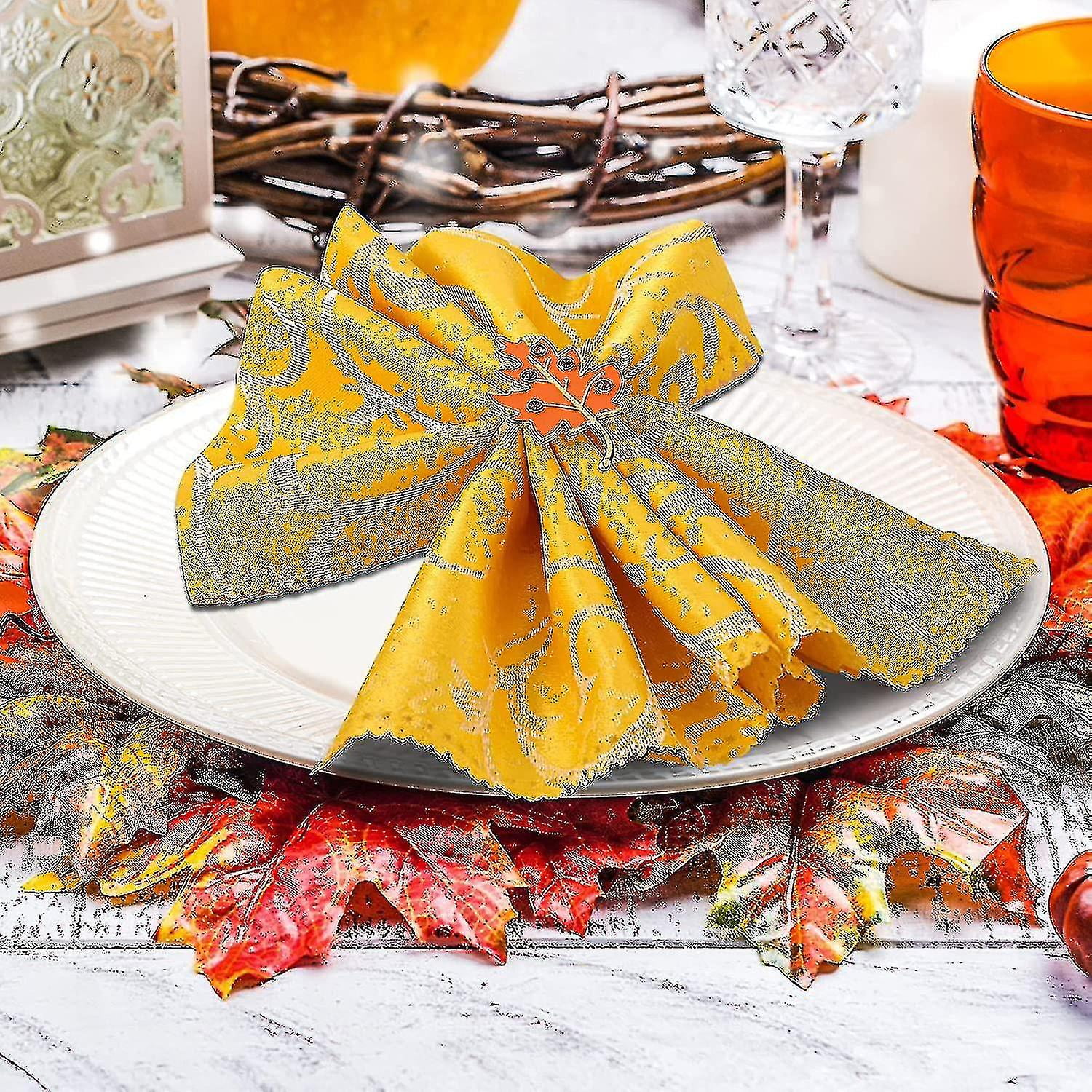 6 Pcs Orange Maple Napkin Rings Fall Thanksgiving Napkin Ring Holder Buckle Leaf Napkin Ring Harvest Farmhouse Style Metal Rhinestone Napkin Rings For