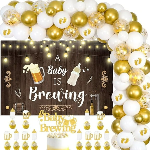 A Baby is Brewing Baby Shower Decorations Beer - White and Gold Balloon Garland with Backdrop, Cake Topper, Diaper Party Decorations for Gender Reveal Pregnancy Celebration