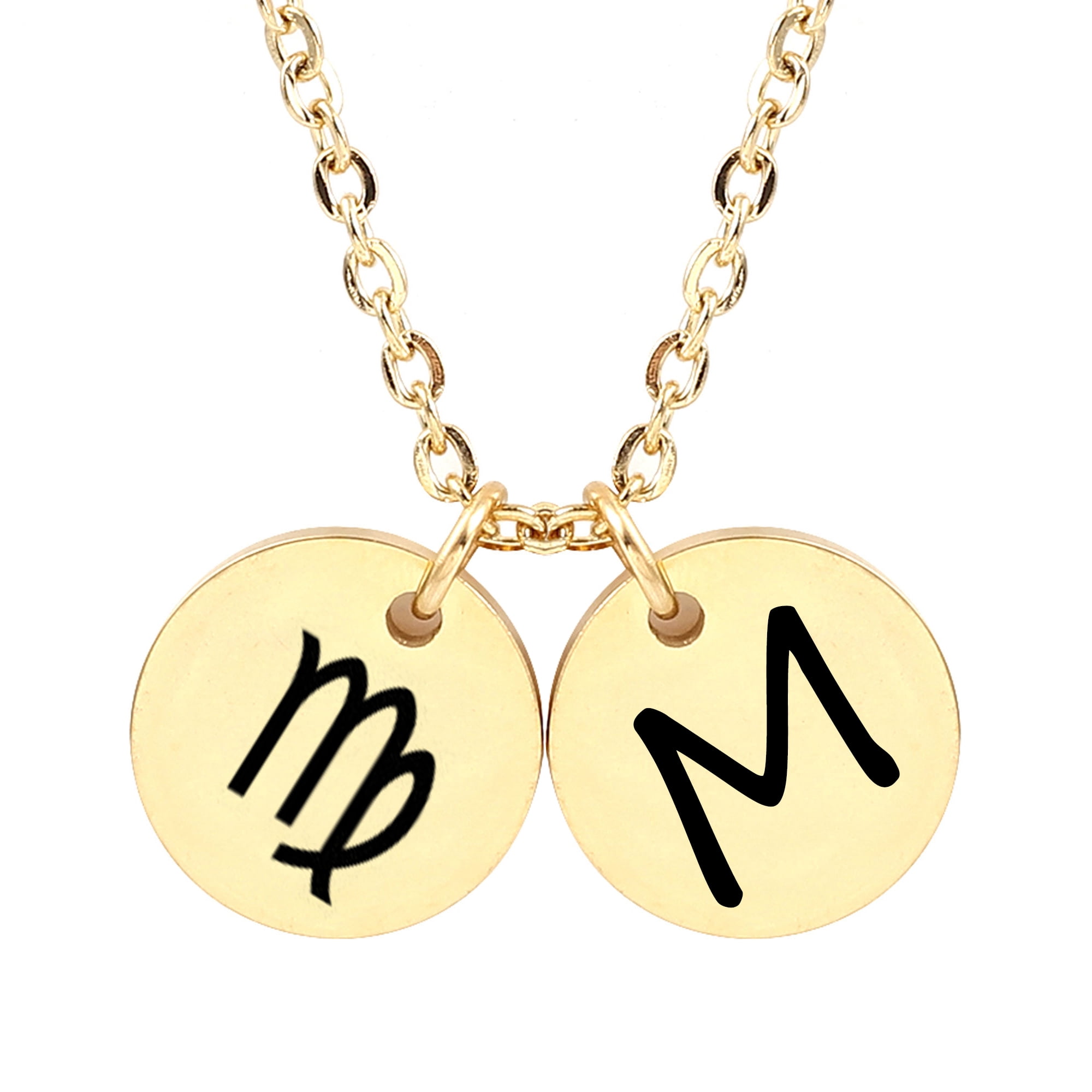 Personalized Round Constellation Initial Necklace - Engraved Zodiac Symbol Jewelry - Christmas Gift for Her - Stainless Steel - 18" Chain - Gold Virgo