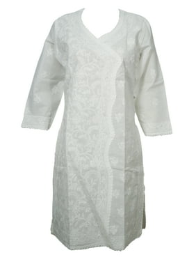 Mogul Women’s Bohemian Long Tunic Dress Cotton White Shirt Floral Embroidered Casual Boho Beach Coverup Dresses XS