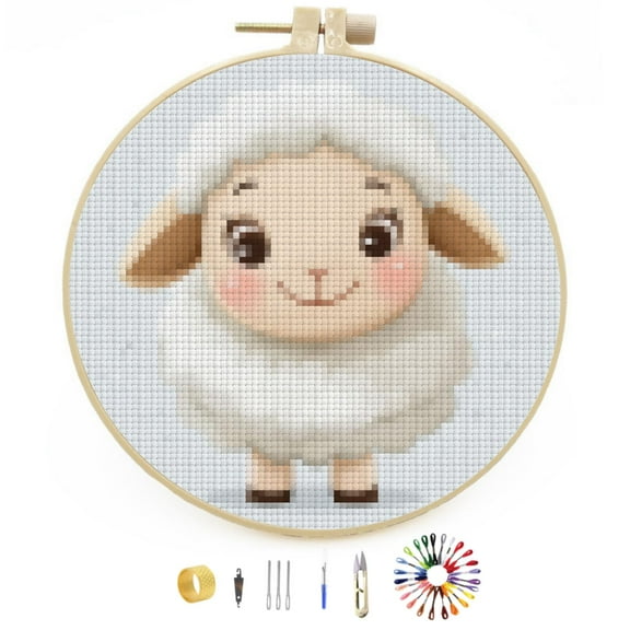 Cartoon Cute Baby White Sheep Easy Stamped Cross Stitch Kits for Beginners with Hoop Simple Patterns 11CT Counted Embroidery Needlepoint Crafts Arts for DIY Enthusiasts and Home Decor 26x26cm(2)