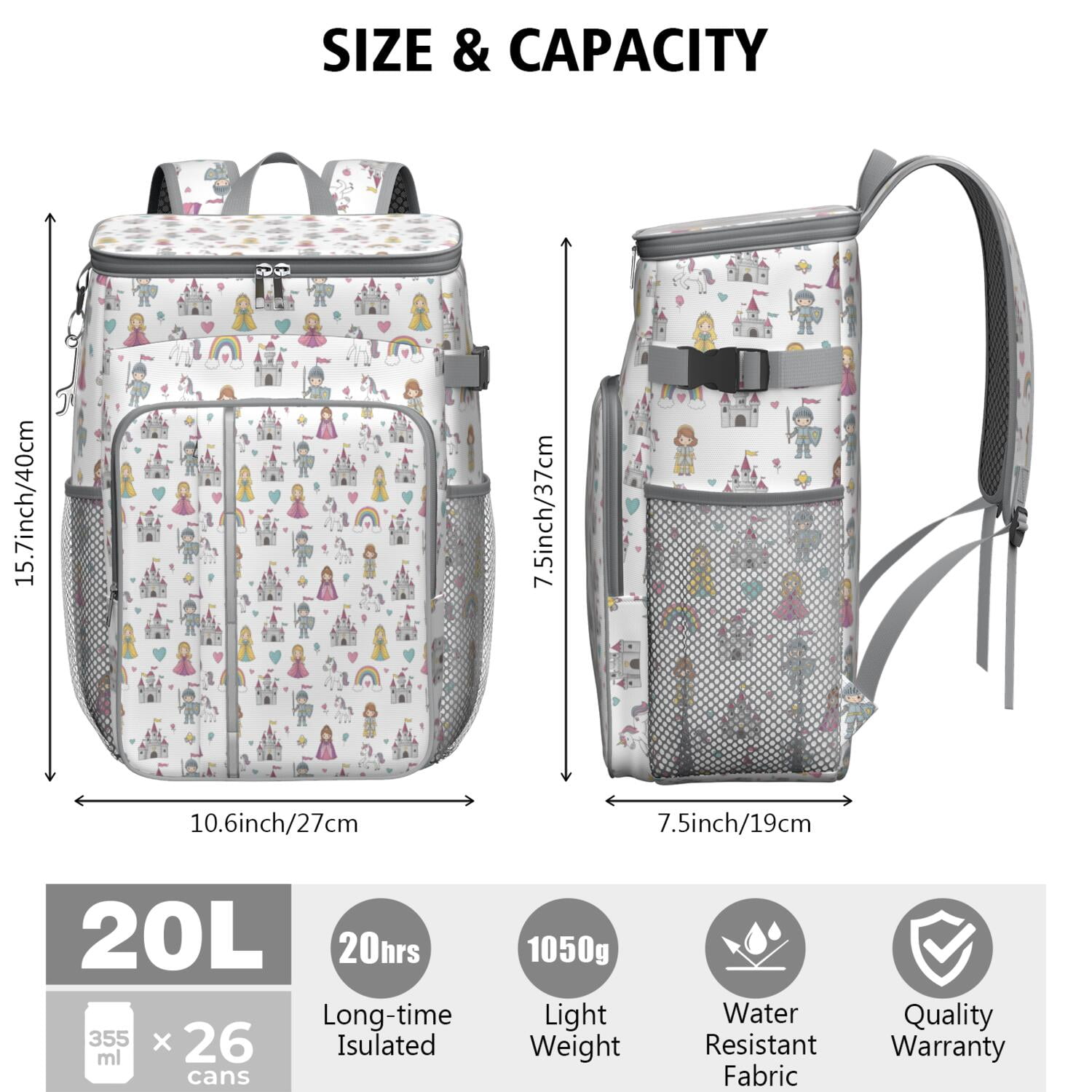 Travel Cooler Bag - White Princess Knight Pattern Camping Beer Cooler Backpack with Bottle Opener- Waterproof Insulated Picnic Backpacks - Cooler Bag for Beach