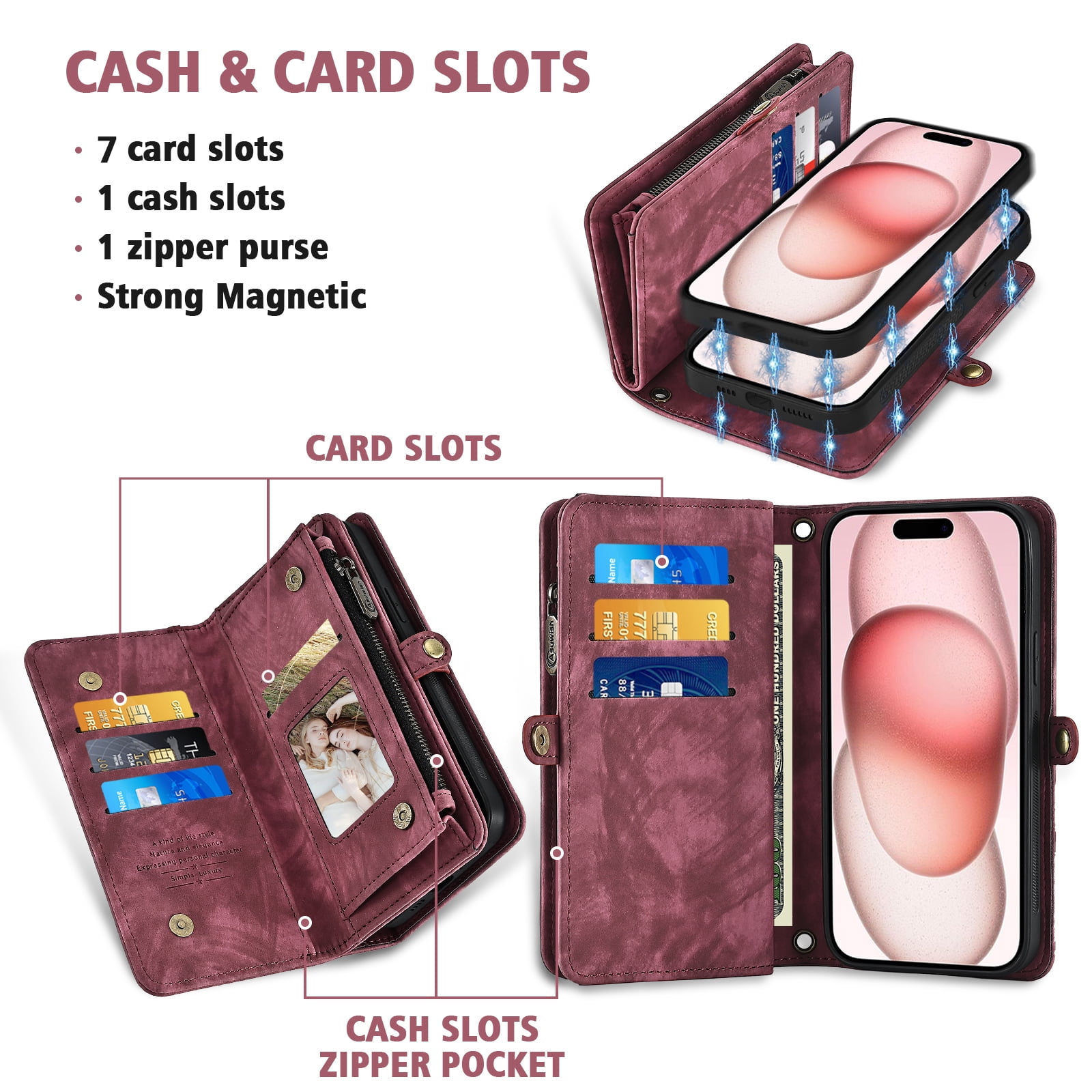 Asuwish Compatible with iPhone 15 Plus 6.7 inch Phone Case Zipper Wallet Detachable Tempered Glass Screen Protector Lanyard Strap Flip Card Holder Cell Cover for i Phone15 15+ i15 + 15Plus Women Red