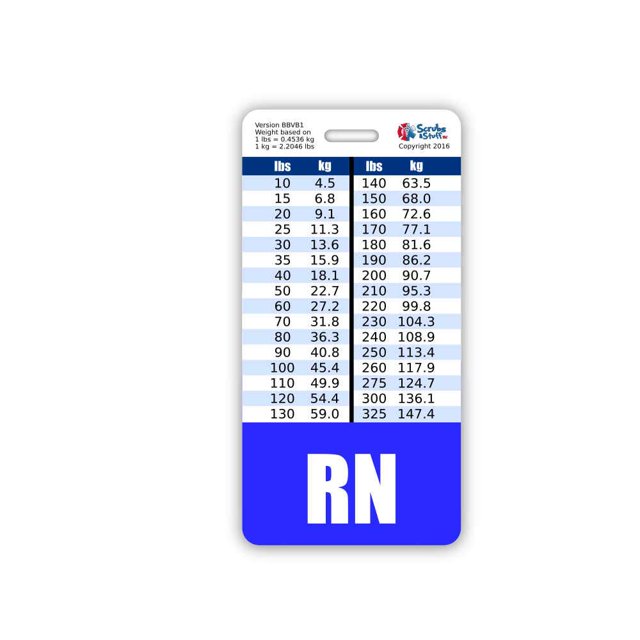 RN Badge Buddy Vertical con tablas de conversión de altura y peso (azul estándar)