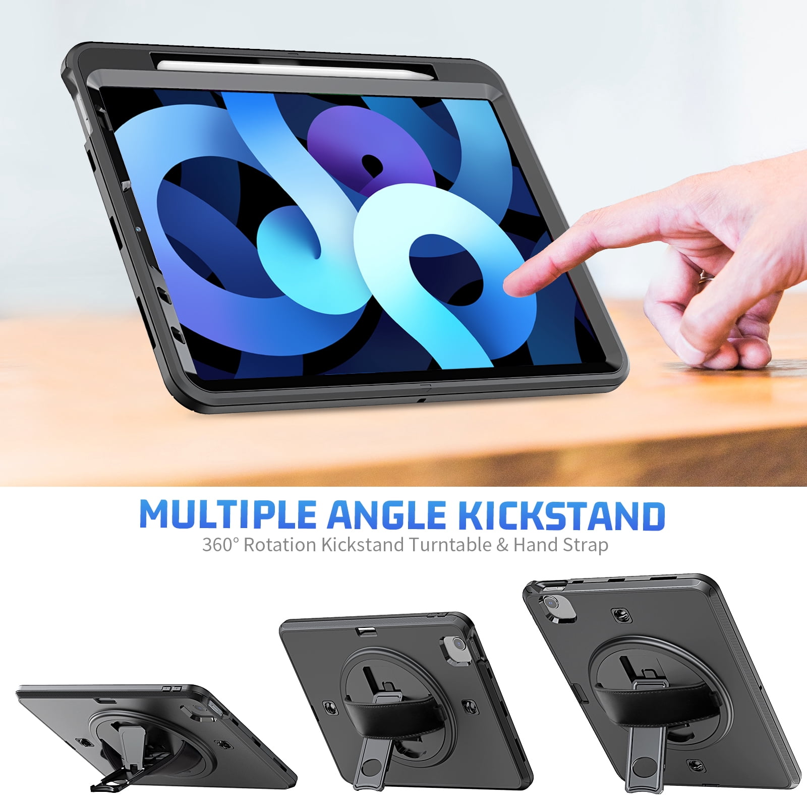Allytech iPad Pro 12.9" Case 3rd/ 4th Gen, Build-in Screen Protector Full Body Protection Kids Proof Rotating Stand Hand Shoulder Strap Pencil Holder Cover for Apple iPad Pro 12.9" 2020/2018, Black