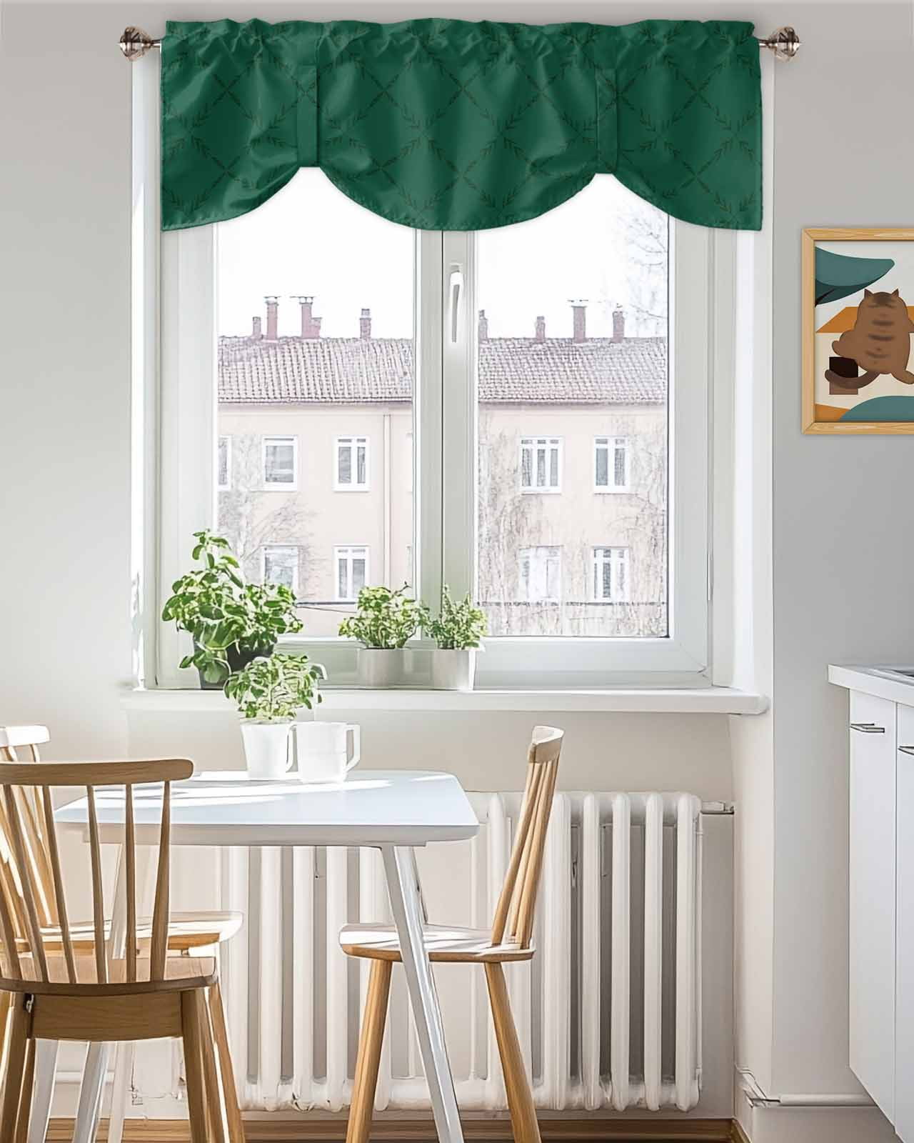 Green Rhombus Tie Up Valances Curtain, Adjustable Kitchen Modern Green Plaid Abstract Geometric Diamond Lattice Valances for Windows Decor, Rod Pocket Short Curtains Set for Bedroom/Bathroom, 54"x18"