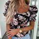 thumbnail image 4 of Gibobby Blusa de Trabajo de Manga Corta Camiseta manga corta ajustada con cuello cuadrado y estampado moda informal para mujer(Negro,M), 4 of 5