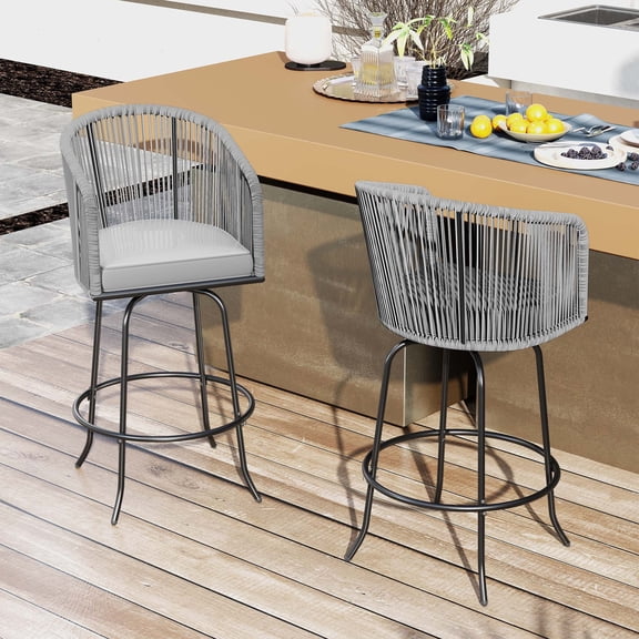 Dextrus Set of 2 Counter Height Swivel Bar Stools, Gray PE Rattan Patio Chairs with Cushions, Indoor Outdoor Furniture for Backyard Balcony Deck Lawn