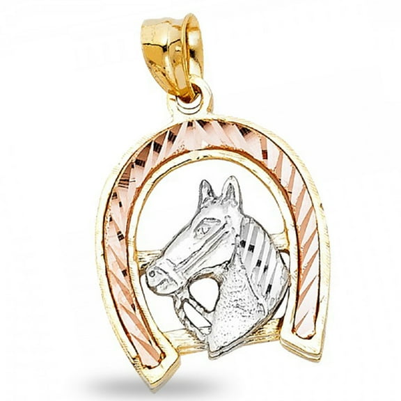 14k Yellow White Rose Gold Horseshoe Horse Head Pendant Good Luck Charm Tri Color 20 mm x 19 mm