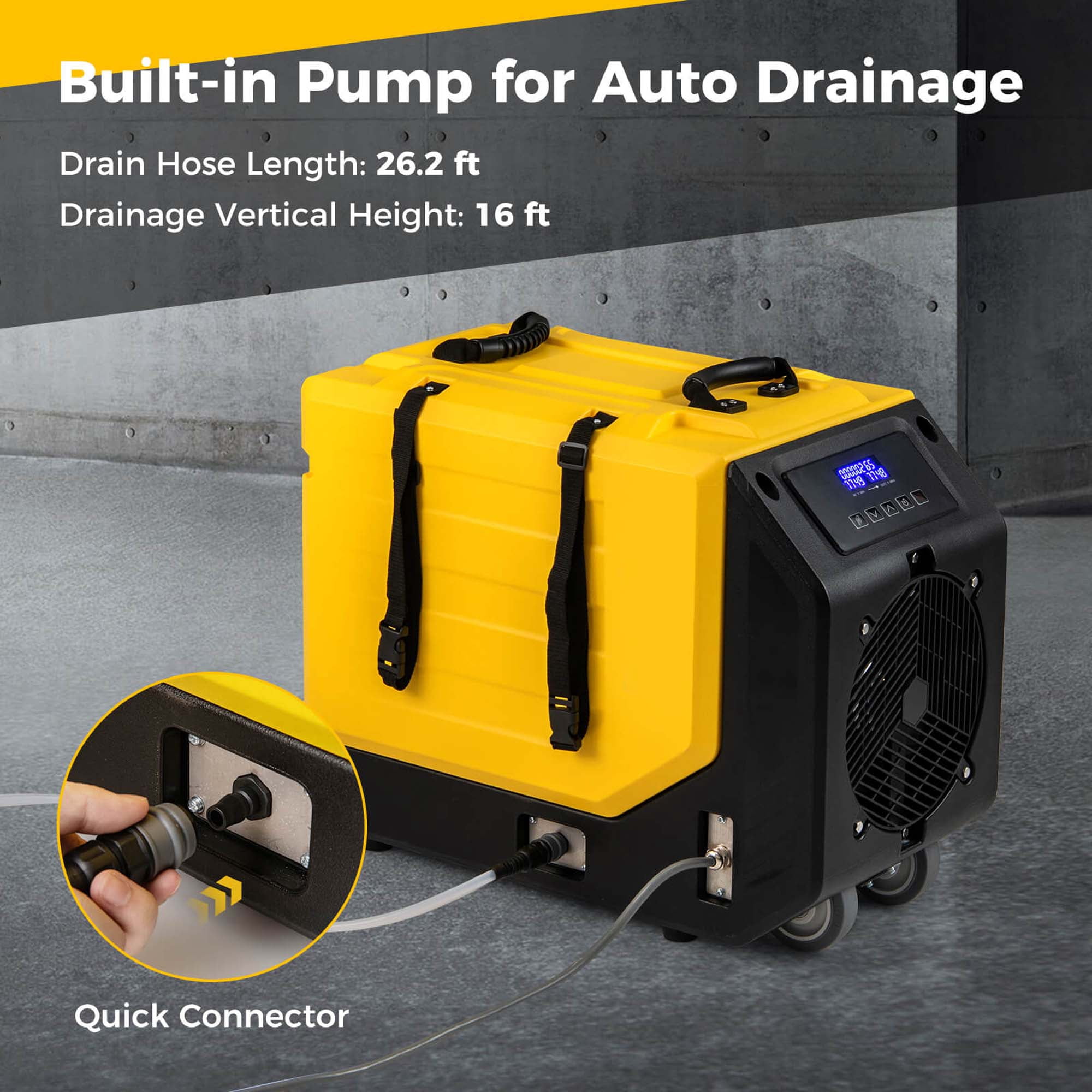 Costway 50-Pint(DOE) Commercial Dehumidifier Rotational Molded Industrial Dehumidifier with Pump Yellow 9,000 Sq.ft Coverage Area (MAX 190Pint at 95°F, 90%RH)