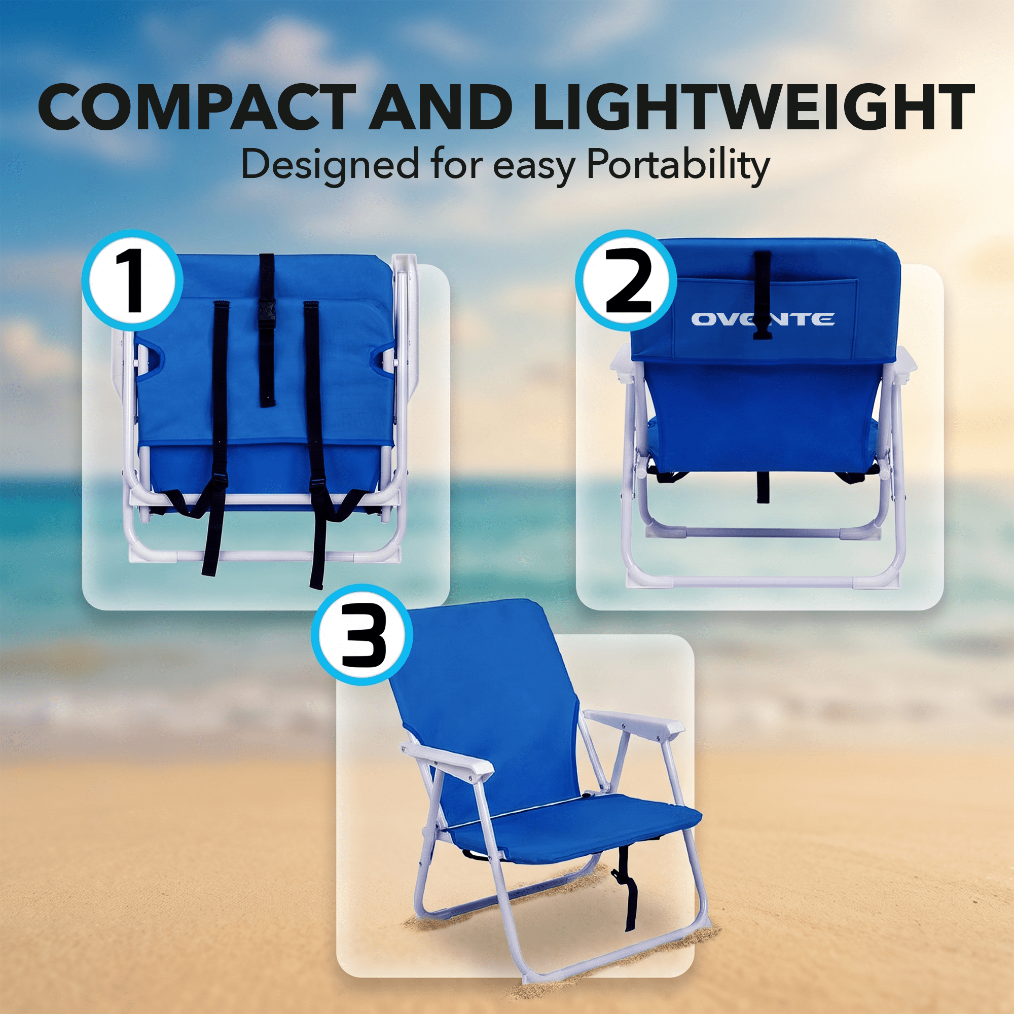 OVENTE Portable Beach Chair, Lightweight, Ergonomic Design, Blue CHR011BL | Foldable Camping Chair with Hard Armrest, Backrest and Pocket for Storage, Ideal for Travel, Hiking and Picnic