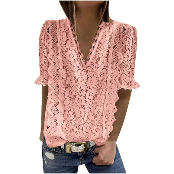 JINMGG Womens Tops,Women's Summer Casual Solid V-Neck Half Sleeve Lace T-Shirt Tops Pink S