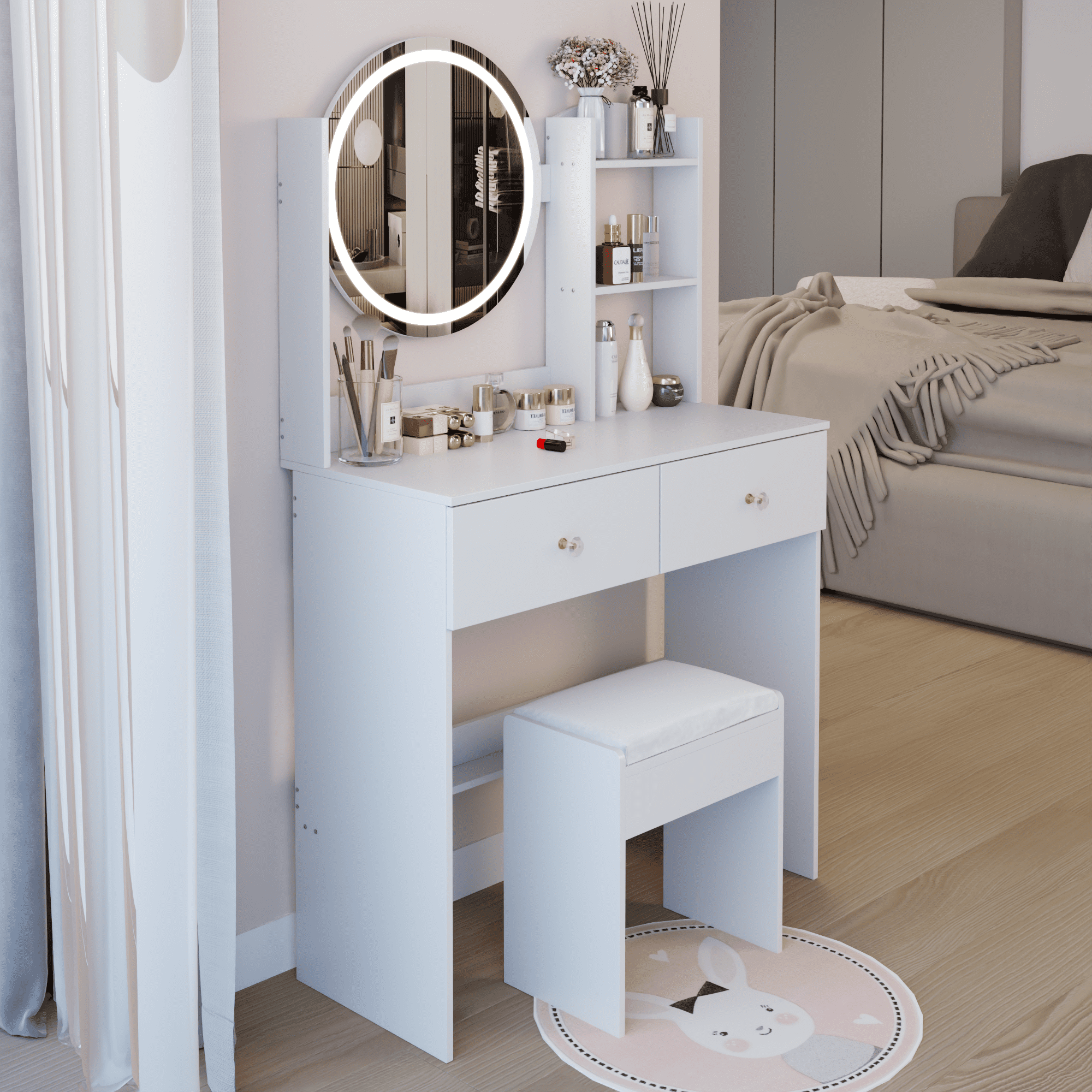 Leumius Makeup Vanity Desk with Mirror and Lights,Dressing Table with 2 Drawers,3 Color Lighting Brightness,Multi-layer High Capacity Storage Makeup Table for Bedroom,White