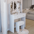 thumbnail image 3 of 17" Round LED Mirror Vanity Table + Soft Cushion Stool Suit, Large Mirror, Touch Switch, 3 colors, Adjustable Brightness, Large Desktop, Multi-layer High Capacity Storage, Suitable For Small Space, 3 of 15