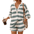 thumbnail image 3 of Lounge Sets for Women Striped Two piece Set Oversized Henley Shirts Drawstring Shorts Fashion Matching Sets Women Clothing with Pockets Green L, 3 of 7
