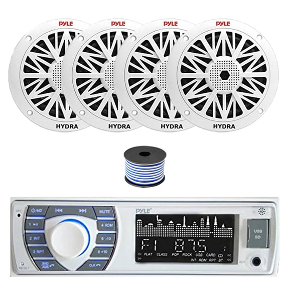 Pyle PLRMR23BTW Single DIN Bluetooth AM/FM MP3 Receiver, 4x 8" 300 Watt Full Range Marine Speakers (White), Wire