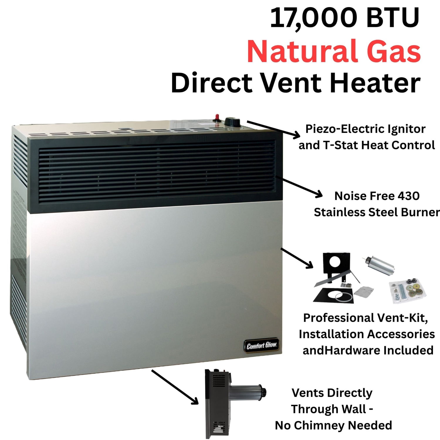 Comfort Glow 17,000 BTU Direct-Vent Natural Gas Wall Heater with Vent Kit, Matchless Piezo Ignition with T-Stat Control Knob, 500 Sq. Ft, DVN17