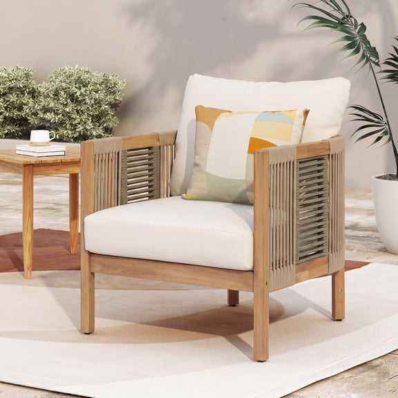 Christopher Knight Home Boho Outdoor Wood Club Chairs with Cushions and Rope Accents, Teak Beige