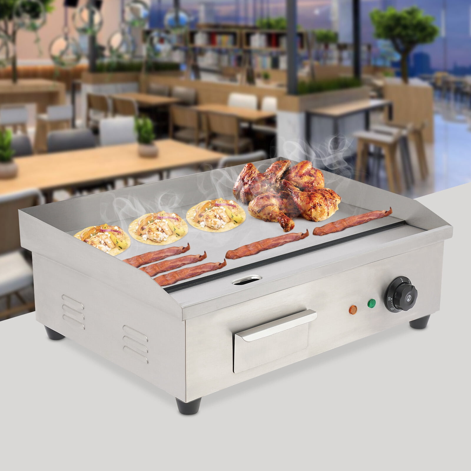 110V 3000W Commercial Electric Countertop Griddle Flat Top Grill Hot Plate BBQ 201 Stainless Steel Adjustment Temperature 50-300℃ 21.25*15.74*8.26inch for Restaurants, Snack Bars, Canteens