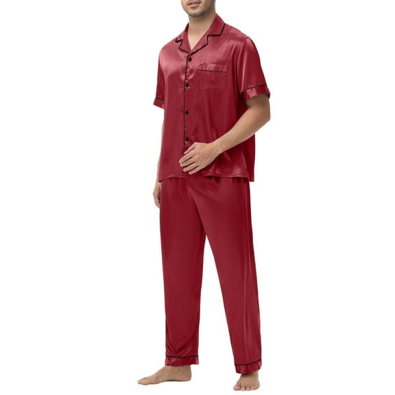 lmcalzta Mens Satin Silk Pajamas Sets Short Sleeve Sleepwear Button-Down Pjs Sets 2 Piece Loungewear with Pockets