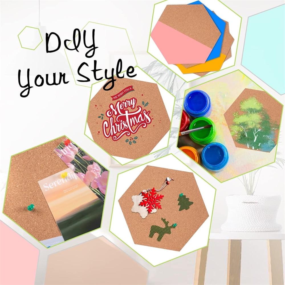 NOGIS Hexagon Cork Board Tiles Self Adhesive 6 Pack Small Corkboards for Wall 8" x 7"- 1/2" Thick Memo Boards -40 Push Pins Decorative Bulletin Board for Office