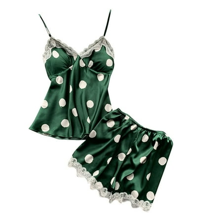 

Csengfiy Silk Pajamas Sexy Satin Underwear Lace Camisole Shorts Set Lingerie Women S-XL