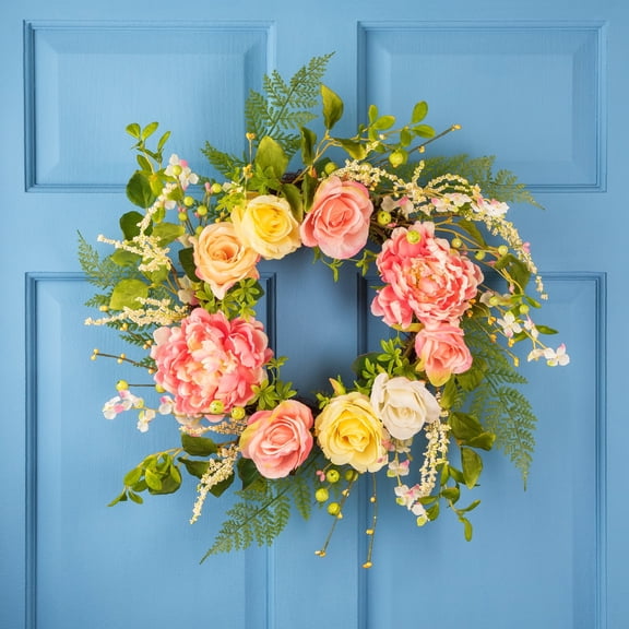 Northlight Rose and Peony Artificial Floral Spring Wreath, Pink and Yellow - 22-Inch