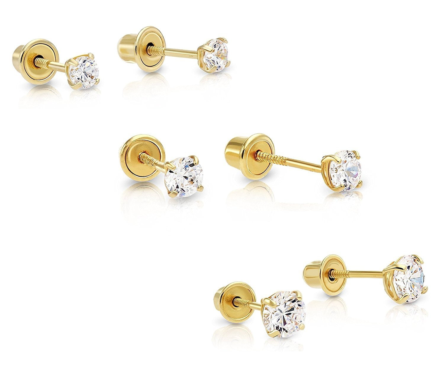 14k Yellow Gold Solitaire Round Cubic Zirconia Stud 3 Pair Earring Set 3mm, 4mm, 5mm