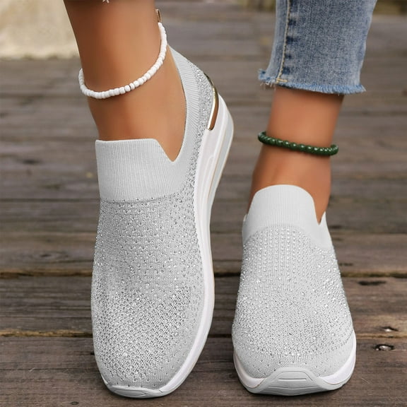 CQONEPT Walking Tennis Shoes for Womens Knit Slip on Breathable Mesh Sneakers Comfortable Sneaker Elastic Sock Slip On Lightweight Non-Slip Fall Shoes Size 8.5 White