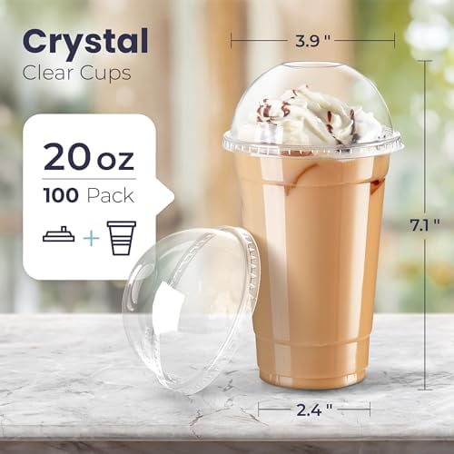 100 Pack 24 oz Cups | Iced Coffee Go Cups and Sip Through Lids | Cold Smoothie | Plastic Cups with Sip Through Lids | Clear Plastic Disposable Pet