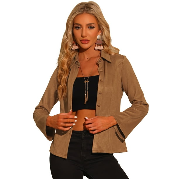 Blusa de Gamuza Sintética con Botones para Mujer Camisa Casual marrón XS
