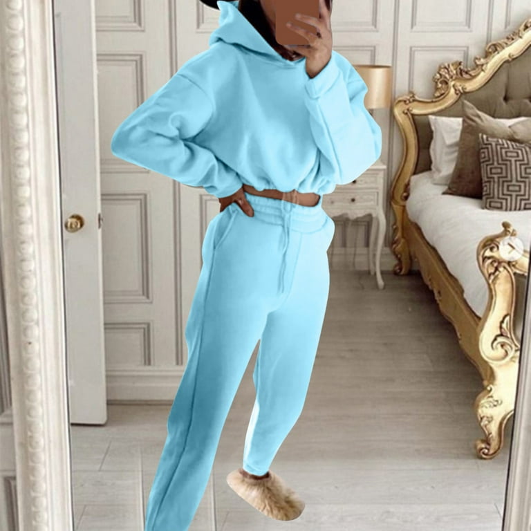 ZHIZAIHU Sweatsuit 2pcs Set for Women Casual Tracksuit Playsuit Long Sleeve Sweatshirt and Sweatpants 2 Piece Solid Outfit Sweat Suit Blue L Walmart